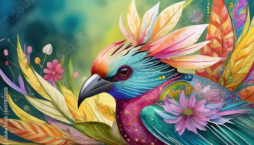 Blossoming Stunning Close-Up Shot of a Bird with Feathers Resembling Vibrant Flowers, Capturing Nature's Beauty in Full Bloom.