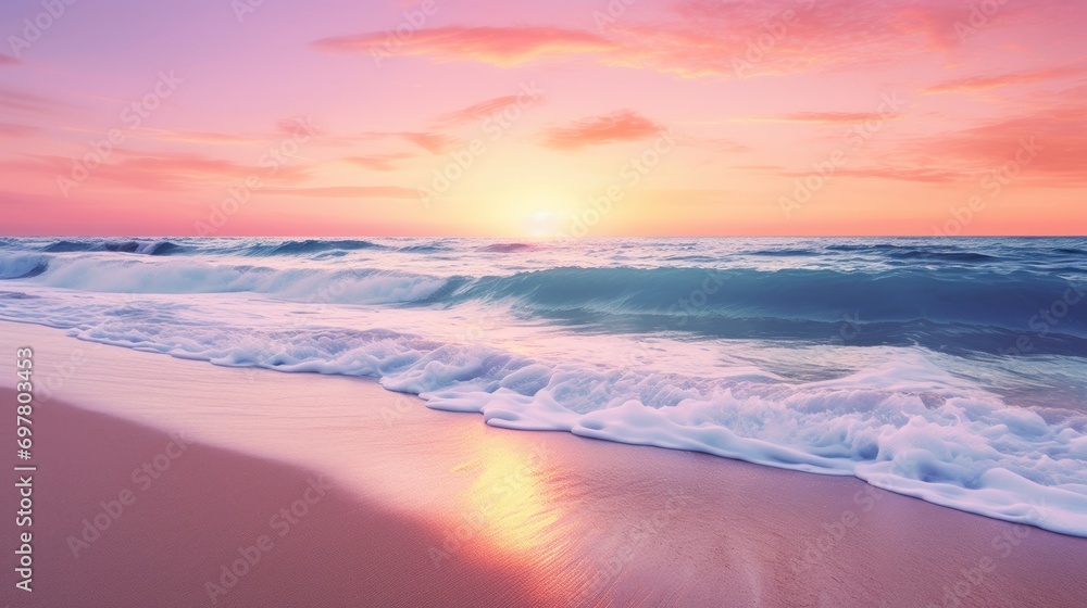  a painting of a beach at sunset with waves coming in to the shore and the sun setting on the horizon.