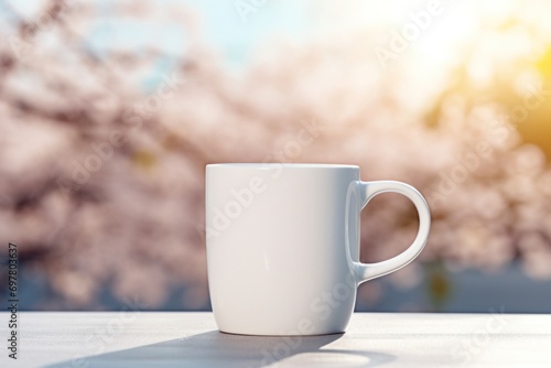 White cup mockup with hot chocolate or coffee on spring blooming background. Mug mock up