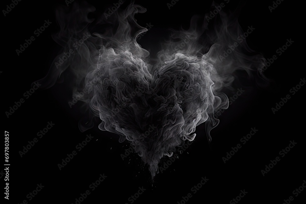 Realistic Smoke Heart on Dark Background, Steam Love Symbol, Cloud Transparent Valentine Silhouette