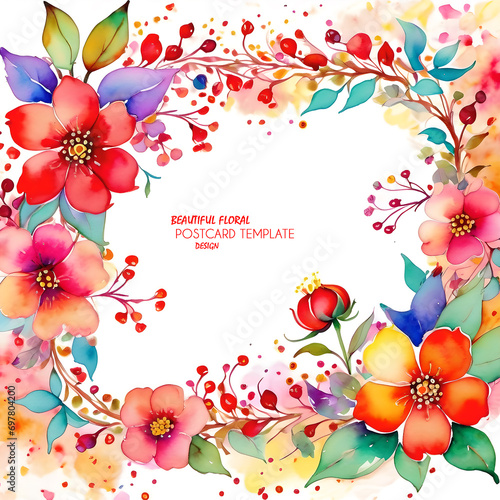Bright watercolor style greeting card. floral frame on white background. Template for greeting or invitation card or booklet design. Copy paste. Beautiful retro illustration. JPG.