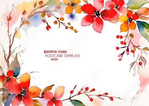 Watercolor flower frame on white background. Template for greeting or invitation card or booklet design. Copy paste. Beautiful retro illustration. JPG.