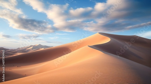  a desert landscape with sand dunes and a blue sky with a few clouds in the distance and a few trees in the foreground.