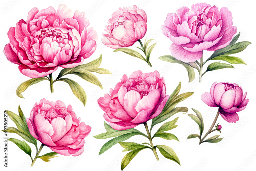 Set of peony flowers with leaves isolated on white background Set of peony flowers with leaves isolated on white background