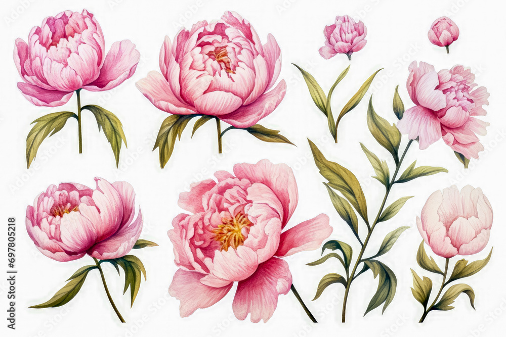 Set of peony flowers with leaves isolated on white background Set of peony flowers with leaves isolated on white background