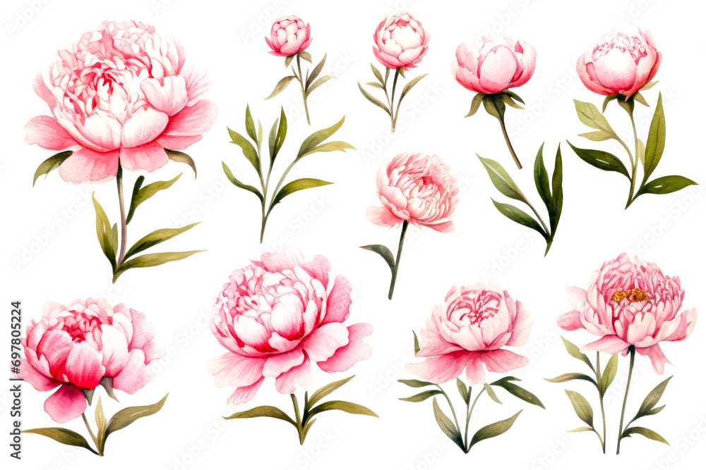 Set of peony flowers with leaves isolated on white background Set of peony flowers with leaves isolated on white background