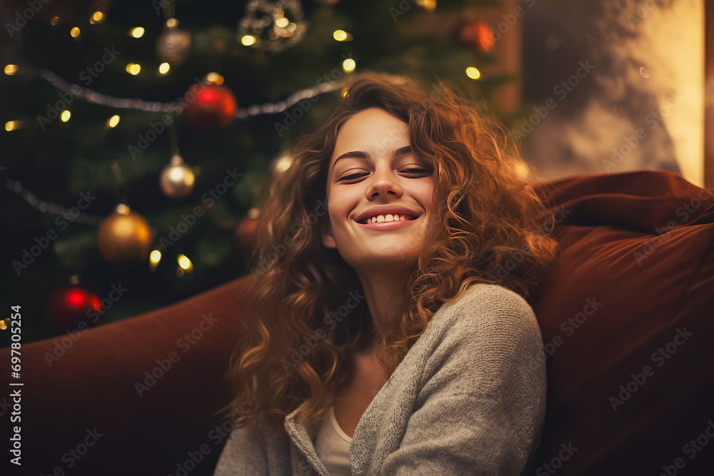 Beautiful young woman sitting on sofa near christmas tree at home Beautiful young woman sitting on sofa near christmas tree at home