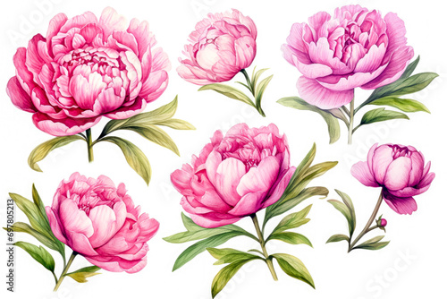 Set of peony flowers with leaves isolated on white background