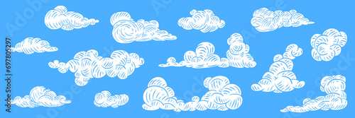 Set of clouds in hand drawn vintage retro style. Cartoon design elements. Vector illustration.