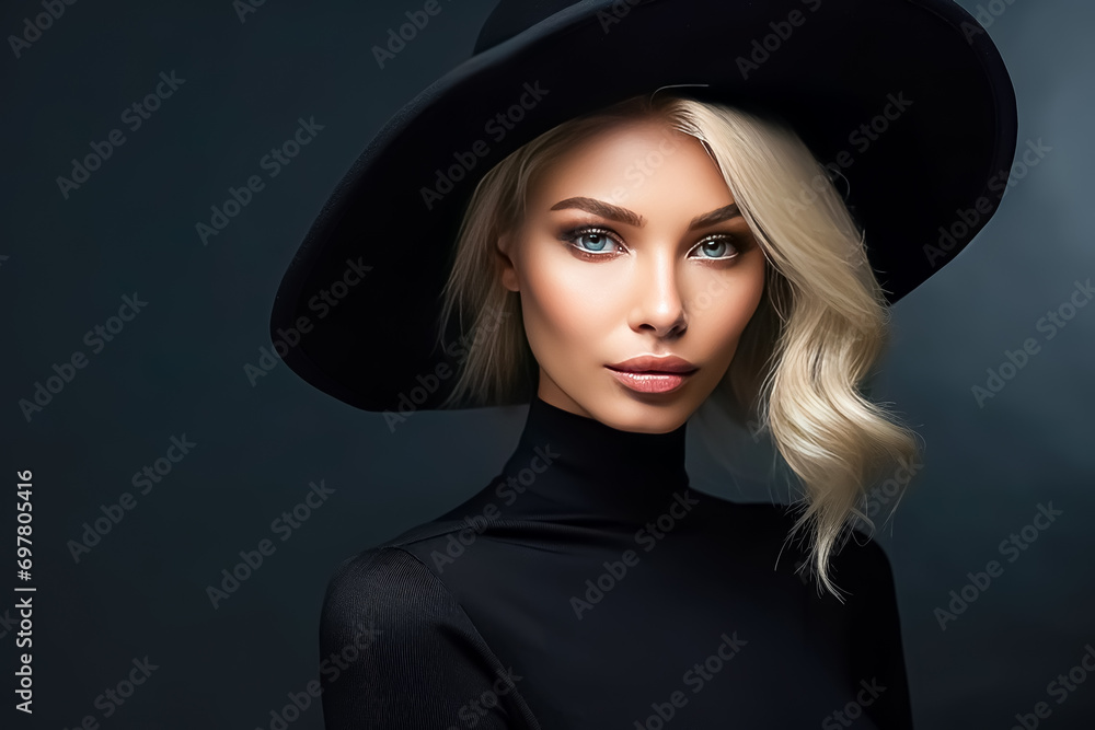 Portrait of a beautiful blonde woman in black hat. Beauty, fashion. Portrait of a beautiful blonde woman in black hat. Beauty, fashion.