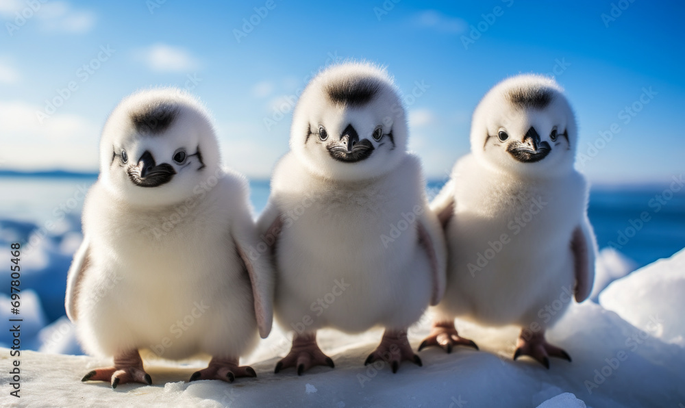 Three Adorable Baby Penguins Standing Together on Icy Antarctic Shoreline, Gazing Curiously into Distance with Blue Sky Backdrop Three Adorable Baby Penguins Standing Together on Icy Antarctic Shoreline, Gazing Curiously into Distance with Blue Sky Backdrop
