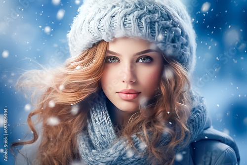 Winter portrait of beautiful young woman with red hair and blue eyes.