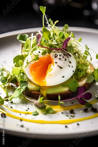 breakfast of poached eggs with microgreens and avocado on a white plate
