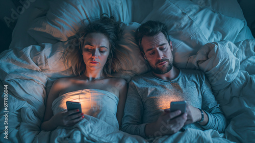 Couple in bed absorbed in their smartphones at night, highlighting modern disconnect. photo