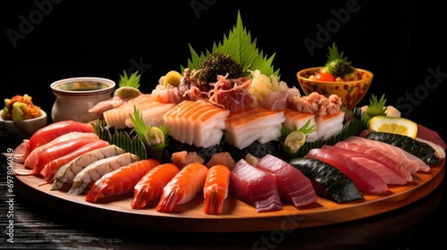  a platter of assorted sushi on a wooden platter with chopsticks and dipping sauces.
