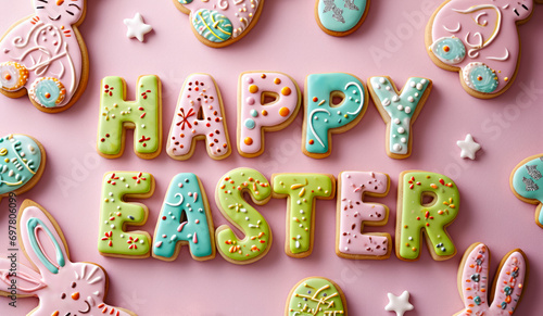 festive  letter happy easter, egg shaped as  cookies with bunny and eggs on pink background  photo