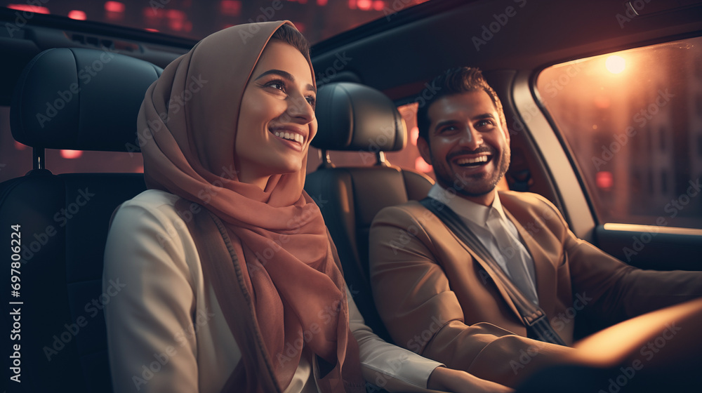 Fototapeta premium A man and a woman in a car, happy and laughing. A couple in the car enjoying the ride