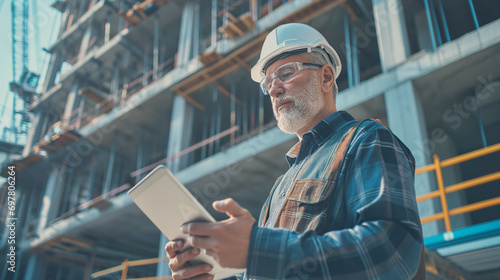 Construction inspection. Elderly man with a gray beard and a helmet holding a tablet against the background of house construction.