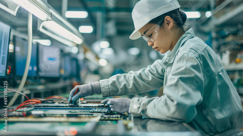 Engineer. Worker in production assembling electronic boards.