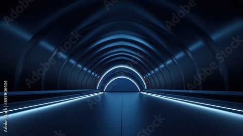  a very long tunnel with a very bright light at the end of one of the tunnel is a blue light at the end of the tunnel.
