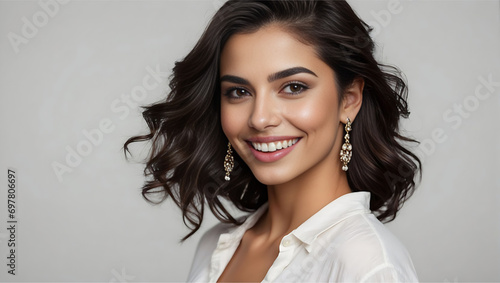 Closeup portrait of a beautiful young middle eastern model woman smiling with white teeth photo