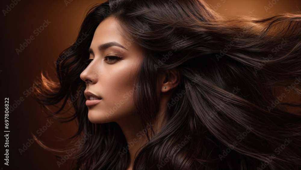 Naklejka premium Ethereal beauty profile with radiant flowing dark hair, beauty model background, golden background