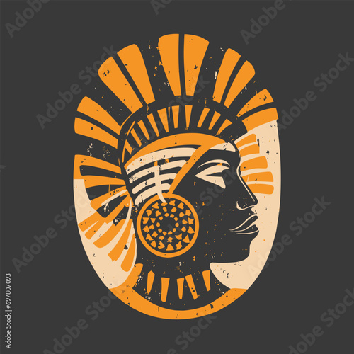 Minimalist Tshirt or Logo Design Stylized Head with a Traditional African or American Hairstyle and Jewelry, Abstract Art in Orange and White Colors on Black Background, Graffiti, using Negative Space