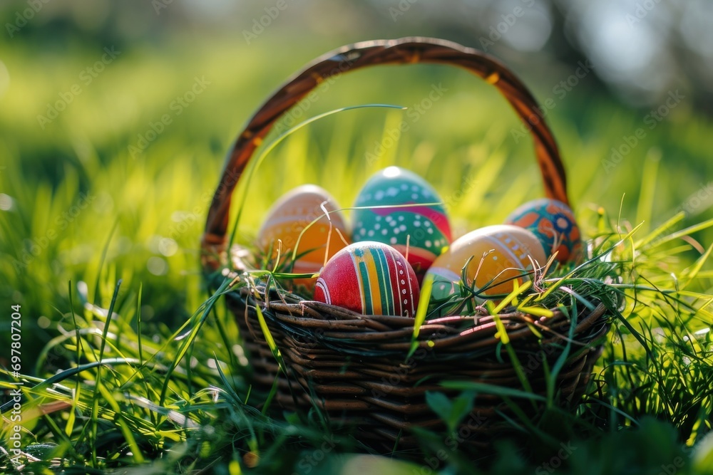 colorful easter eggs in basket in grass colorful easter eggs in basket in grass