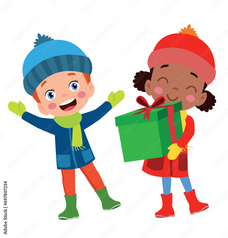 Merry Christmas and happy kids new year greeting card with cute Santa Claus little snowman with gifts. Merry Christmas and happy kids new year greeting card with cute Santa Claus little snowman with gifts.