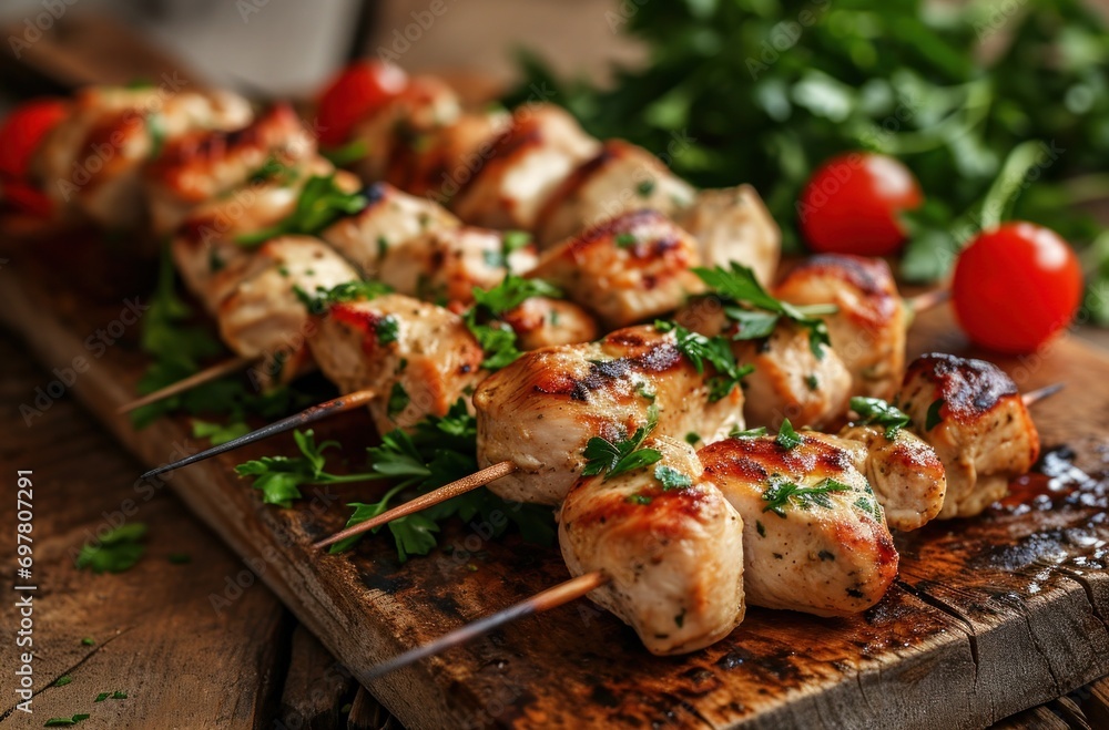 chicken kebabs and parsley on sticks on a wooden table