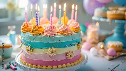 Colorful topsy turvy birthday cake with candles