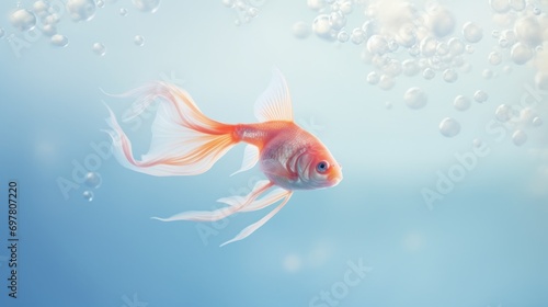  a goldfish swimming in an aquarium with bubbles in the water and a blue sky with clouds in the background.