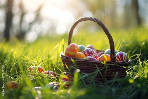 colorful easter eggs in basket in grass
