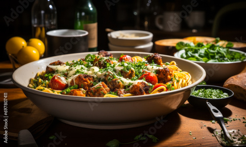Homemade Spaghetti with Meatballs and Fresh Basil in a Cozy Home Setting, Perfect for a Comforting Meal