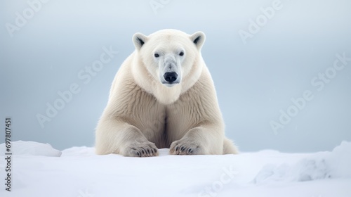  a large white polar bear sitting on top of a snow covered ground and looking at the camera with a serious look on his face.