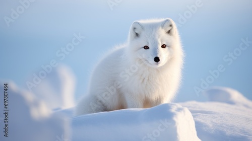  a white fox sitting on top of a pile of snow on top of a snow covered ground with a blue sky in the background. © Anna