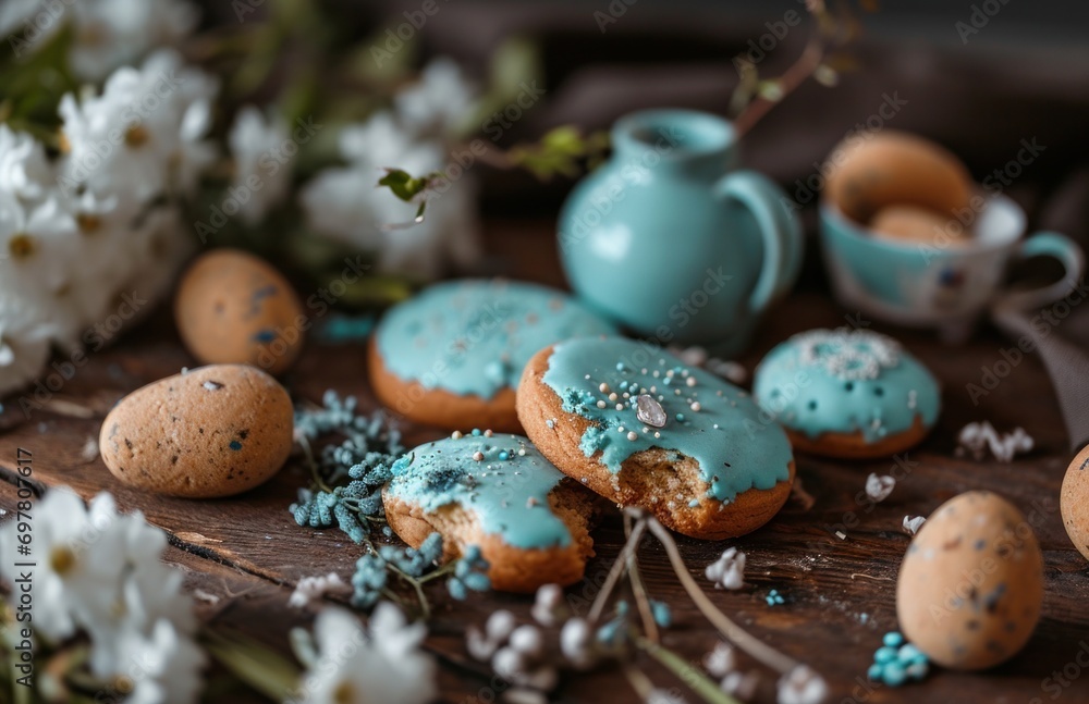 Obraz premium easter cookies are on a table with flowers and some