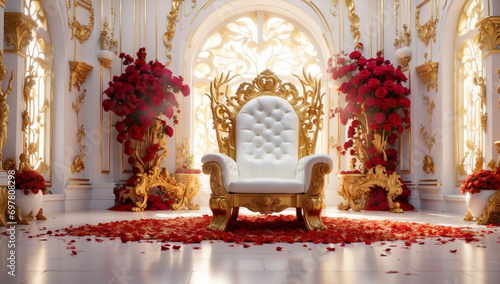 A large banquet hall with a white and gold throne.