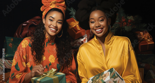 Two cheerful African American girls are opening presents, generative AI