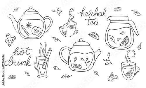 Healthy herbal tea outline elements set. Hot drink sketch. Doodle hand drawn teapots, cups, ginger, lemon, mint leaves. Black and white linear background. Handwritten sayings