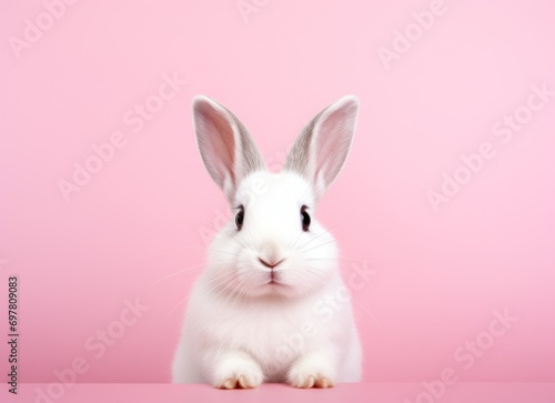 adorable tan and white rabbit on pink background bunny © olegganko