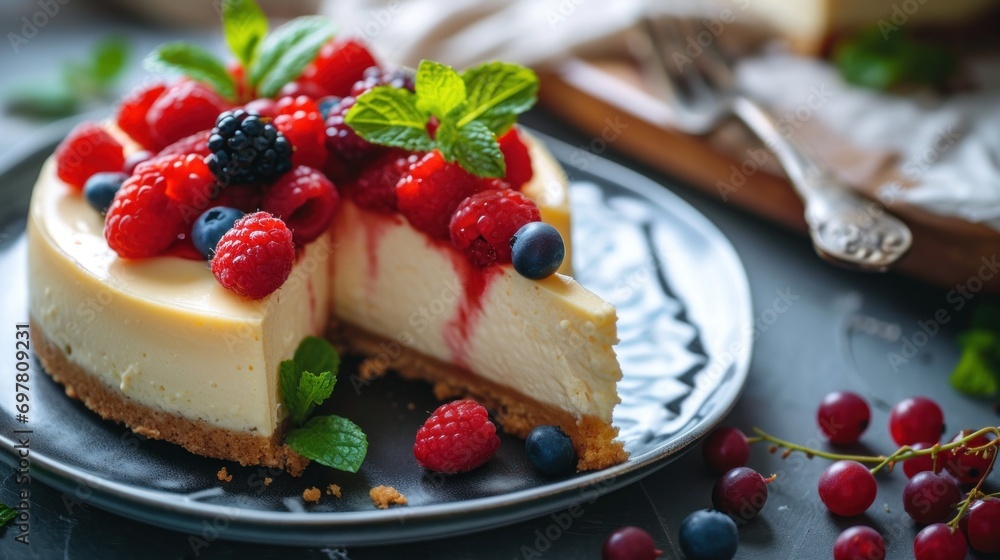 Homemade cheesecake with fresh berries and mint for dessert Homemade cheesecake with fresh berries and mint for dessert