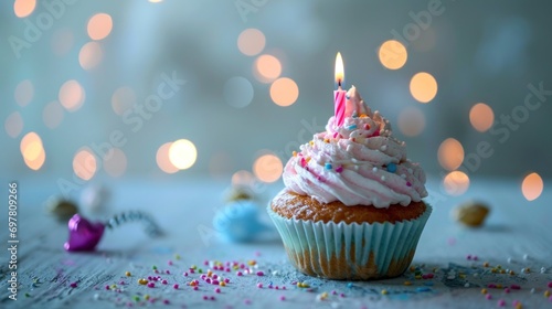 Fotografia pink childish birthday cupcake with candle on minimalist background