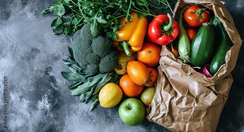 the fruits and vegetables in the brown paper bag