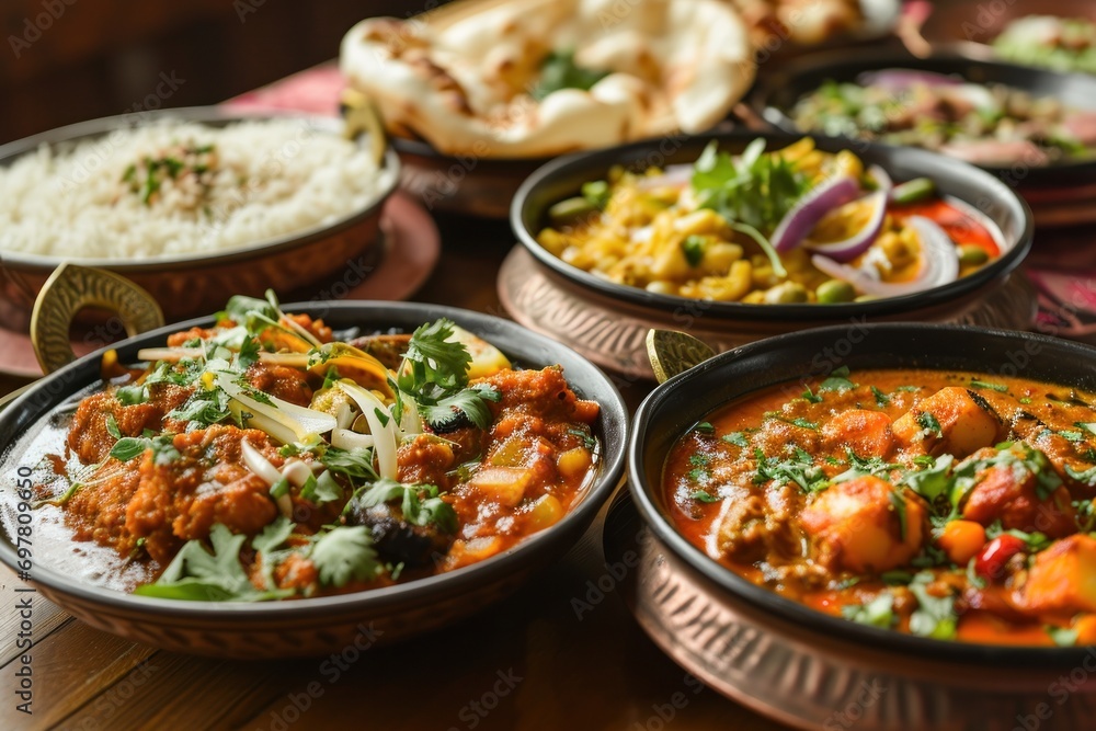 multiple dishes of indian cuisine on wood multiple dishes of indian cuisine on wood