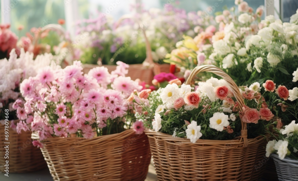 multiple wicker baskets filled with flowers at another flower store