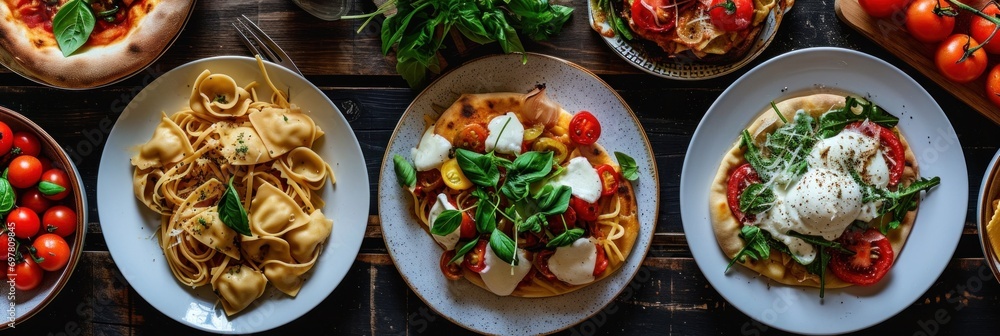 Full table of italian meals on plates Pizza, pasta, ravioli