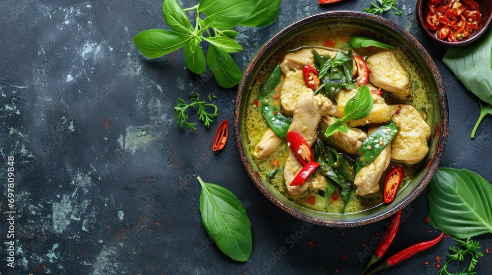 Green curry with chicken in bowl on dark background - obrazy, fototapety, plakaty 