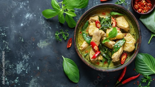 Green curry with chicken in bowl on dark background