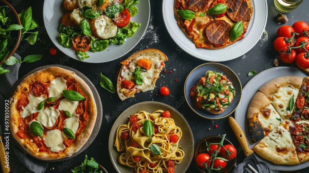 Full table of italian meals on plates Pizza, pasta, ravioli - obrazy, fototapety, plakaty 